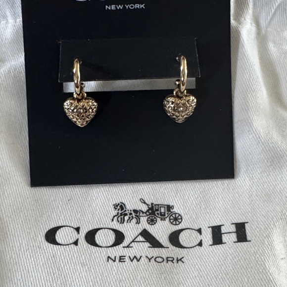 Coach Faux Stone Signature Quilted Heart Charm Huggie Earrings - Picture 2 of 4
